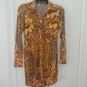 women small retro vintage top silky feel tan gold longer length tunic